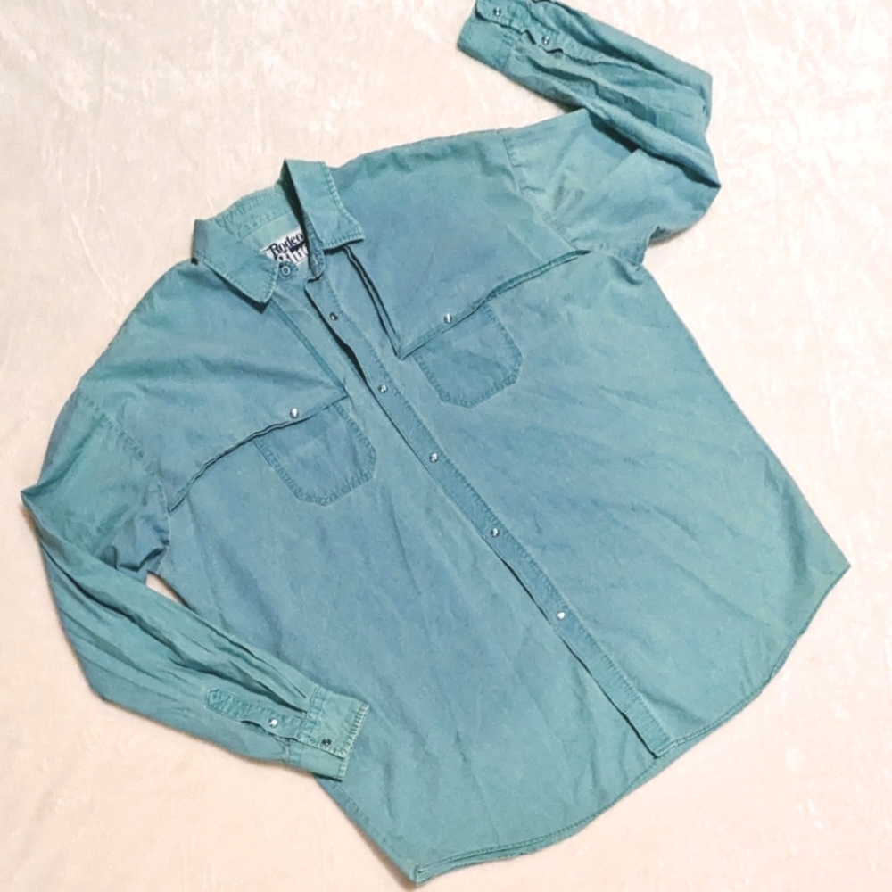 Vintage Rodeo Blue Western Cotton Shirt Snaps Long Sleeve Teal Turquoise 2XT XXL